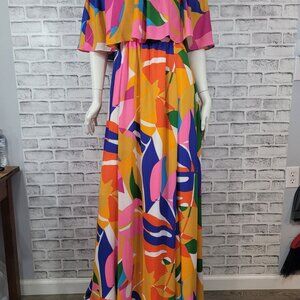 NWOT RSVP Sugarlips Soleil Floral Off Shoulder Maxi Ruffle Dress Tropical Medium